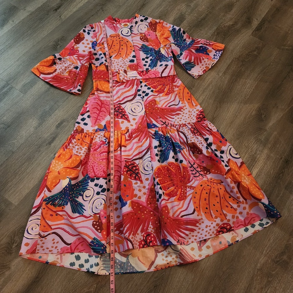 Farm Rio Tropical Print Belted Midi Dress M Pink Orange Bell Sleeve Resortwear - Picture 12 of 16
